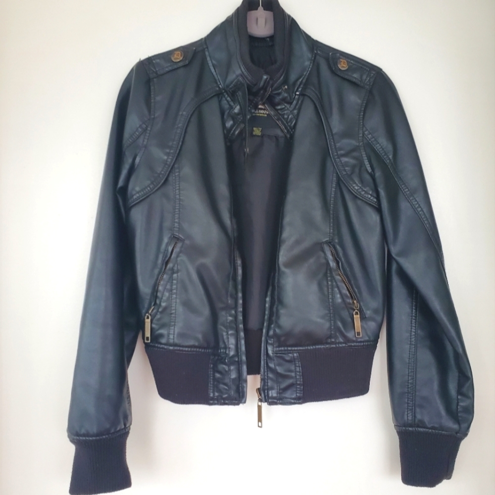 Dollhouse Moto Leather Bomber Jacket, Black Size XS